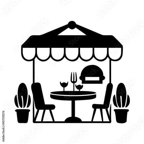 Outdoor cafe scene with table, chairs, food, drinks and potted plants