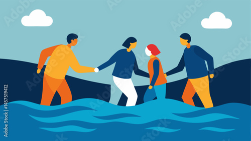 Crossing a River A group of individuals wading through shallow water helping each other to ensure safe passage with determination seen in their expressions.