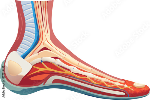 anatomical diagram of plantar fasciitis, showing inflammation and tearing of the plantar fascia, heel pain, and foot structure diagram hand drawn vector illustration. Medical science educational