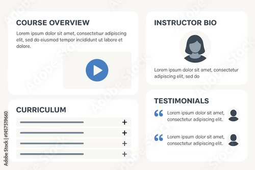 Vector illustration of course landing page layout with course overview, instructor bio, curriculum accordion, and testimonials