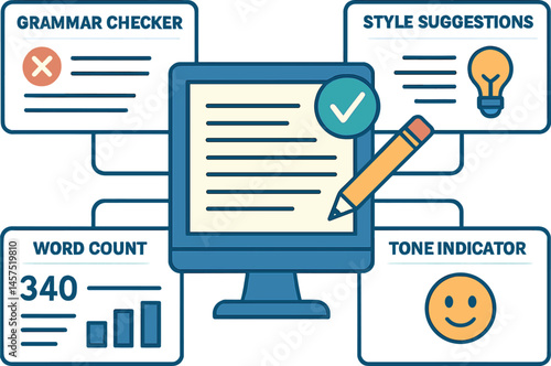 Vector illustration of writing improvement app showing grammar checker, style suggestions, word count tracker, and tone indicator
