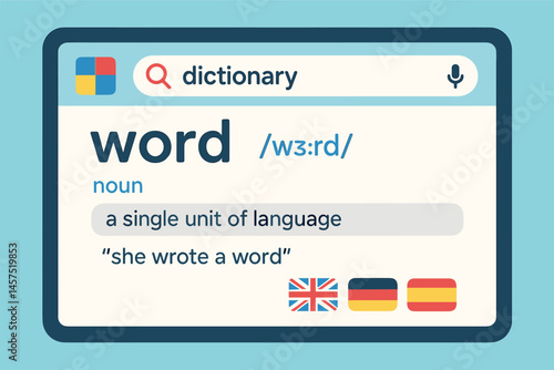 Illustration in vector format of a multilingual dictionary app with search bar, word definitions, example usage, and phonetic spelling