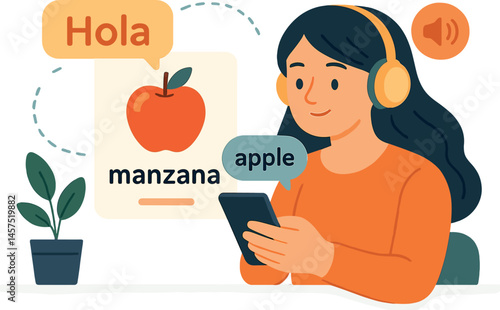 Learning a new language through daily vocabulary drills on mobile — Vector illustration showing flashcards, translation bubbles, and audio pronunciation