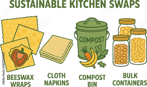 Sustainable kitchen swaps — Vector illustration of beeswax wraps, cloth napkins, compost bin, and bulk containers