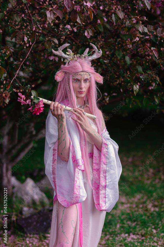 Deer dryad girl against the background of a blooming pink apple tree Deer dryad girl against the background of a blooming pink apple tree