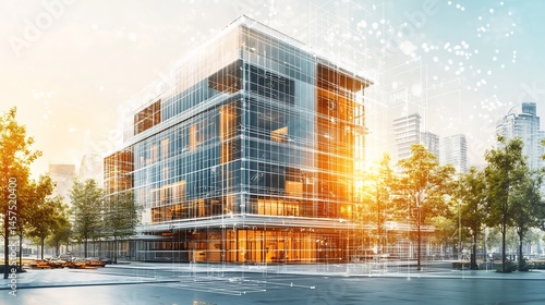 Timberframe concrete structure architecture illustration showcasing urban form LEED certification and a delicate building materials sketch diagram within sunlit city frame