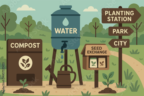 Vector illustration of ecological planting station in park with compost dispenser, water tank, seed exchange, and urban signage