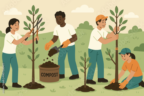Vector illustration of volunteers maintaining young trees with pruning tools, compost spreading, and support pole adjustments