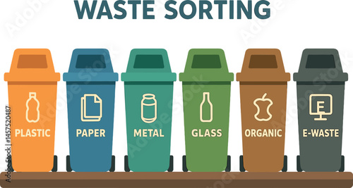 Vector illustration of waste sorting station with labeled bins for plastic, paper, metal, glass, organic, and e-waste