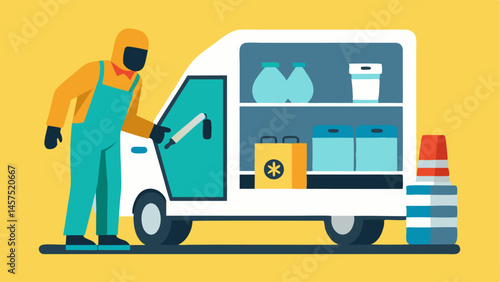 Loading Equipment into a Van A team member loading cleaning equipment and supplies into the back of a van with Crime Scene Cleanup written on the side in a visible manner.