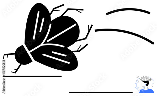 Black abstract fly in motion with simple lines suggesting flight path, small figure of a woman brainstorming. Ideal for creativity, innovation, science, nature, annoyance, thought process, flat