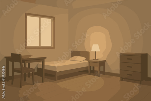 Vector illustration of zero-decoration interior concept with essential furniture, bare walls, and soft lighting