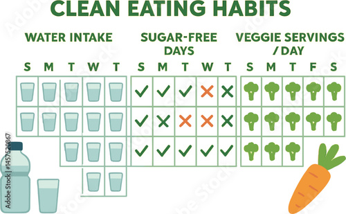 Vector illustration of clean eating habits tracker showing water intake, sugar-free days, and veggie servings per day