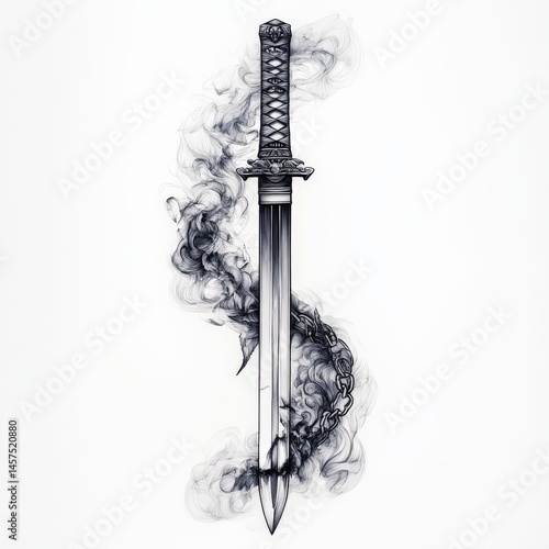 katana, draw, asian, cut, Japan, smoke, black and white, chain, weapon