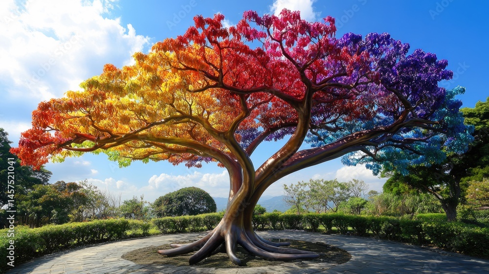 Naklejka premium Rainbow Tree Of Life. Vibrant, Colorful Nature Scene Under A Blue Sky.