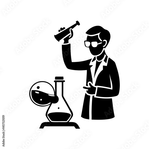 A scientist in a lab coat conducting a chemistry experiment carefully