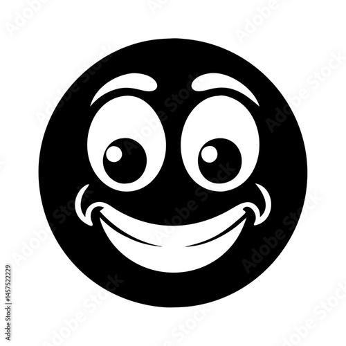 Black and white cartoon smiley face with a big grin and eyes