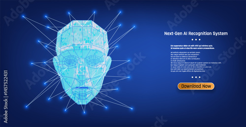Advanced AI recognition system showcasing a digital representation of a human face with network connections in a futuristic environment.