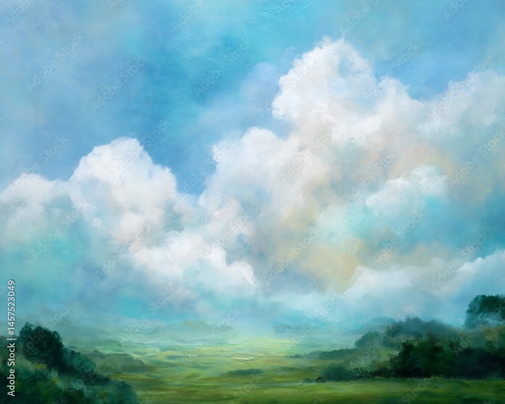 Soft pastel clouds moving slowly over quiet green terrain Soft pastel clouds moving slowly over quiet green terrain