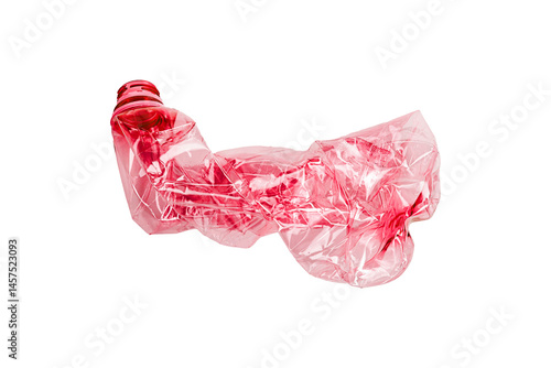 Red crumpled plastic bottle is isolated