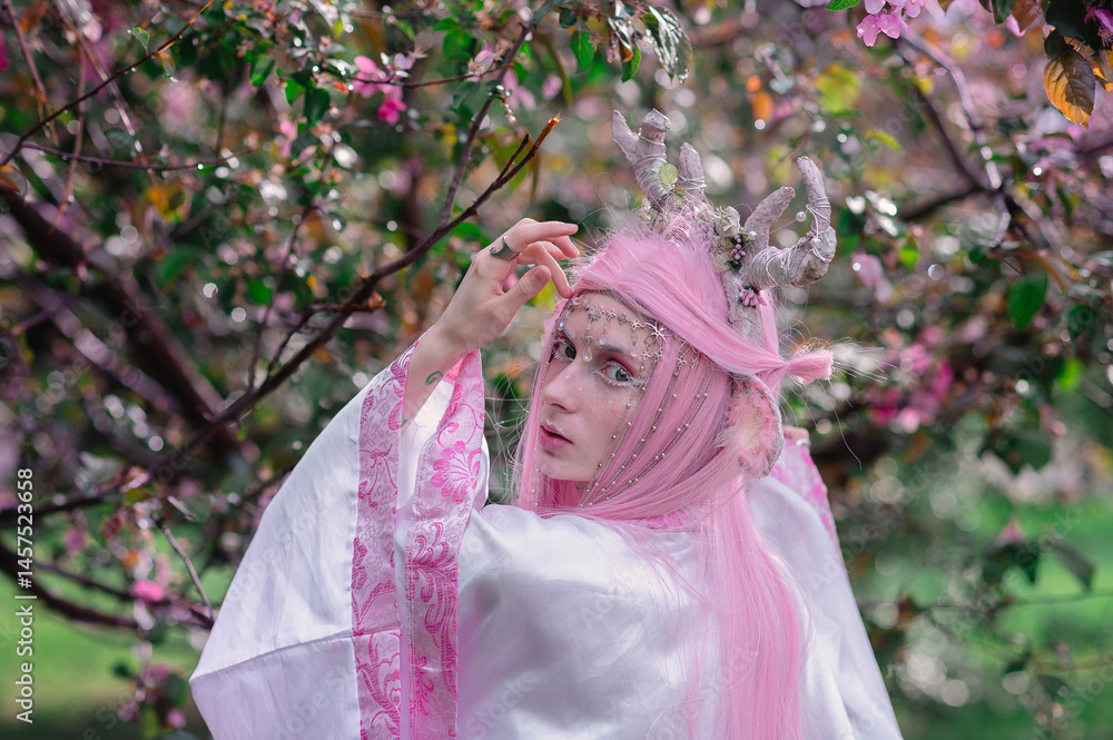 Deer dryad girl against the background of a blooming pink apple tree