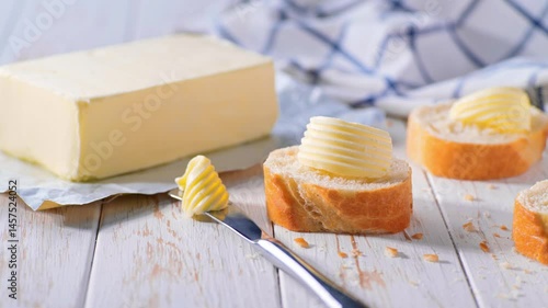 Cut slice baguettes with curls butter on a light kitchen table. Sliced baguette with curls butter on a white kitchen table.