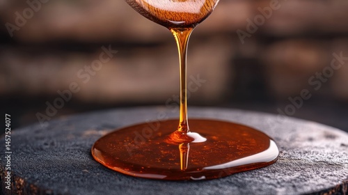 Amber liquid pouring from wooden spoon closeup food photography