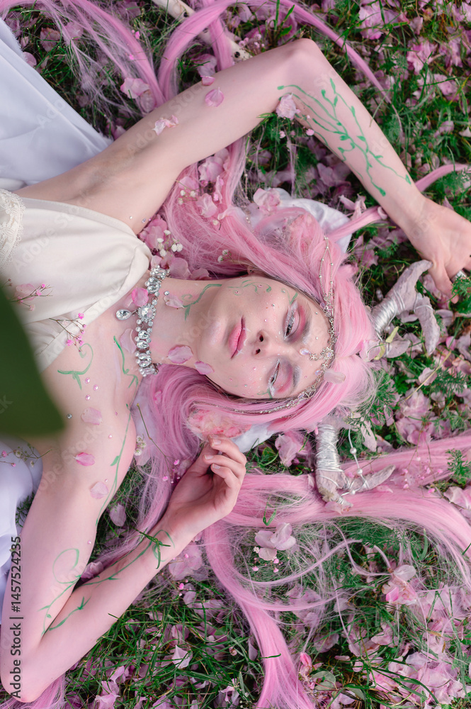 Deer dryad girl against the background of a blooming pink apple tree