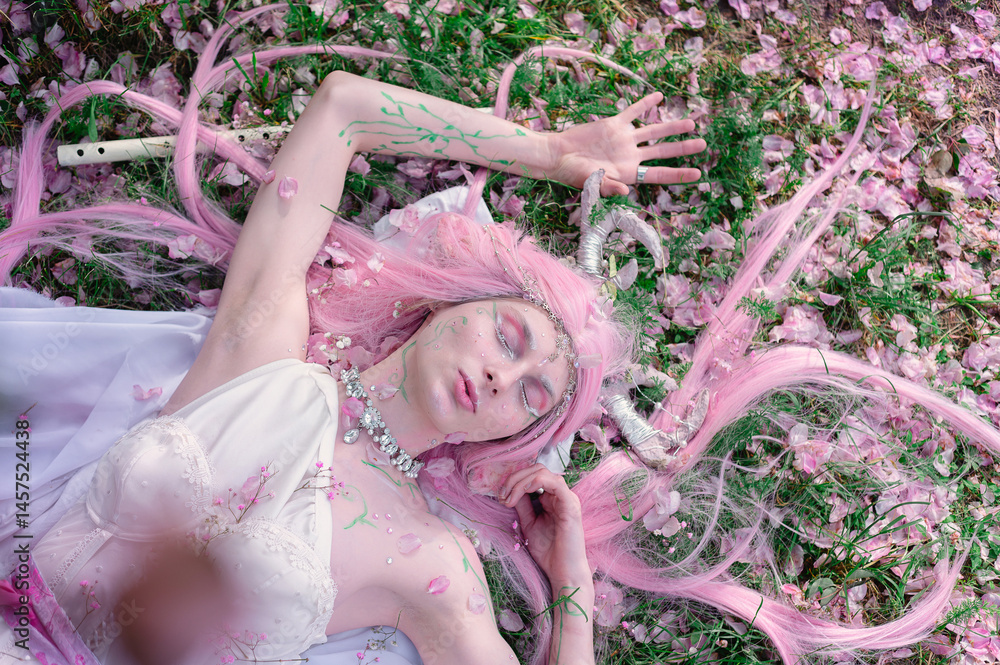 Deer dryad girl against the background of a blooming pink apple tree