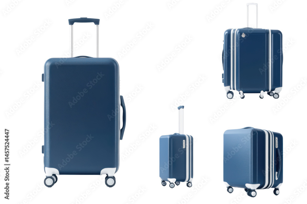 A collection of blue suitcases displayed in various sizes and orientations against a neutral background A collection of blue suitcases displayed in various sizes and orientations against a neutral background