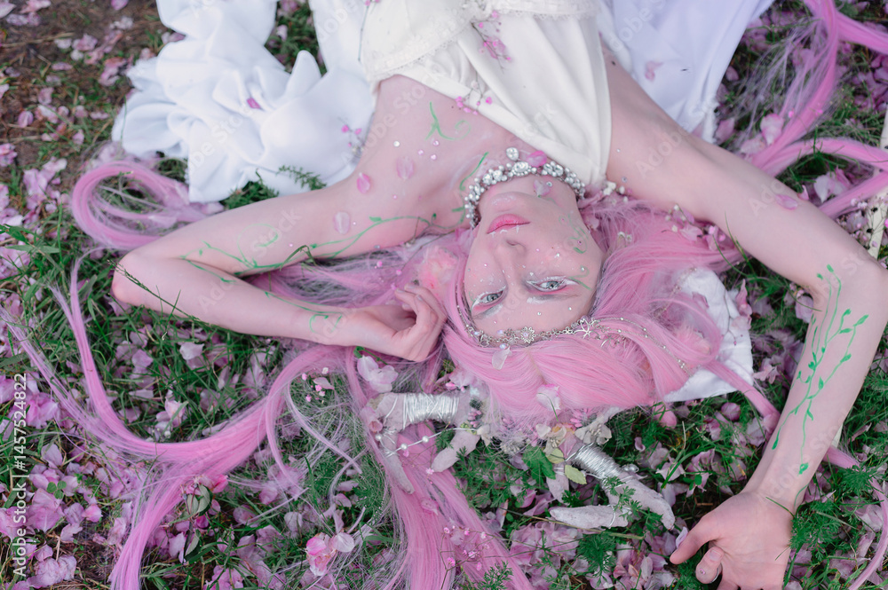 Deer dryad girl against the background of a blooming pink apple tree
