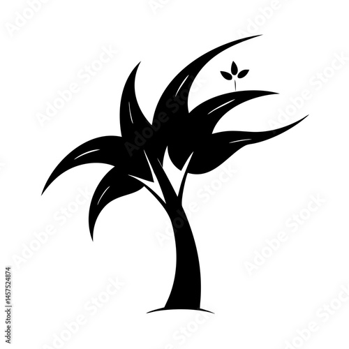 A solitary black tree silhouetted against a stark white background stands alone