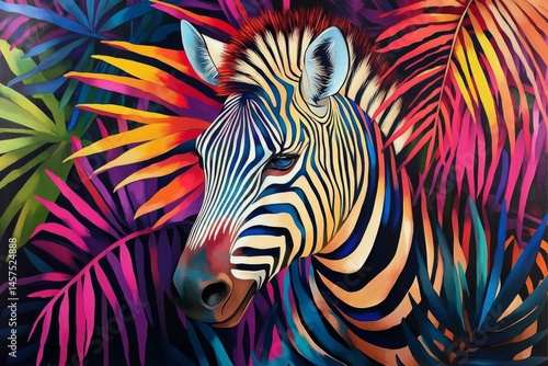 A zebra stands out with its bold black and white stripes, surrounded by vividly colored leaves, creating a dynamic and exotic jungle atmosphere in this artwork.