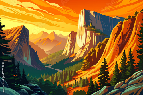 hiker exploring Yosemite National Park at sunset, with towering granite mountains and dense pine trees under a glowing sky. Iconic American wilderness scene perfect for outdoor travel, hiking vector
