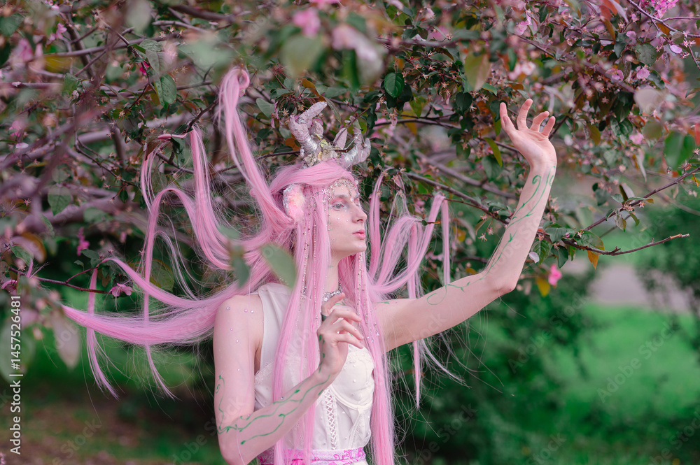 Deer dryad girl against the background of a blooming pink apple tree