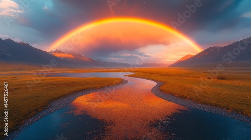 A breathtaking view of a vibrant rainbow arching over a serene valley with a gently flowing stream, illuminated by the warm hues of a stunning sunset sky.