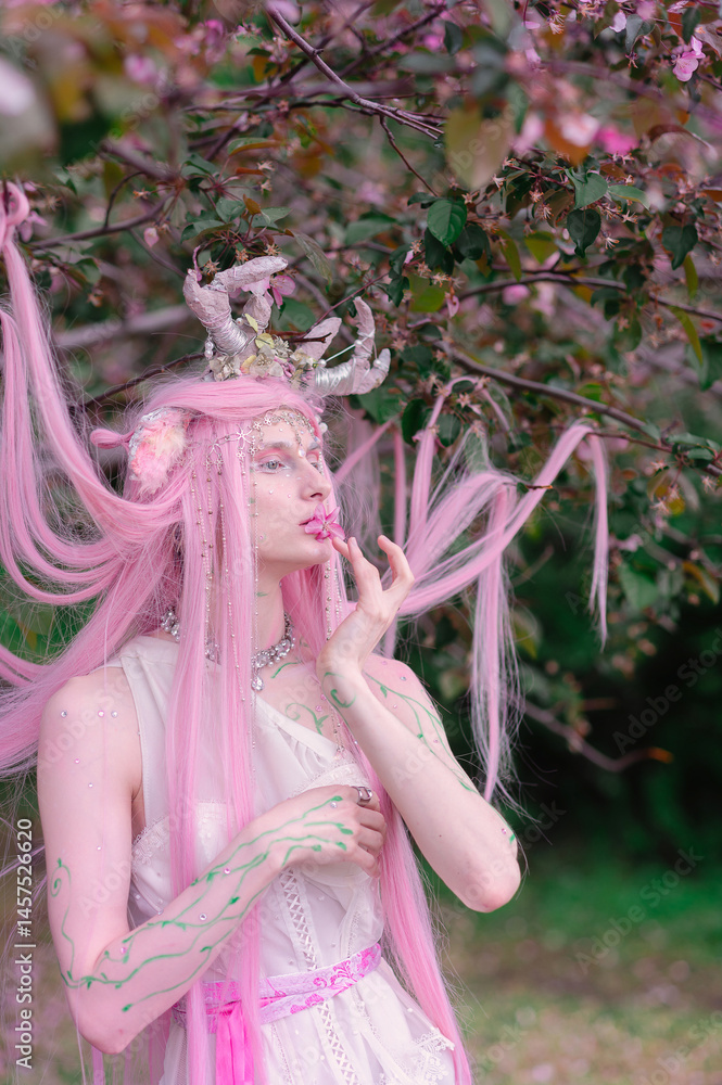Deer dryad girl against the background of a blooming pink apple tree
