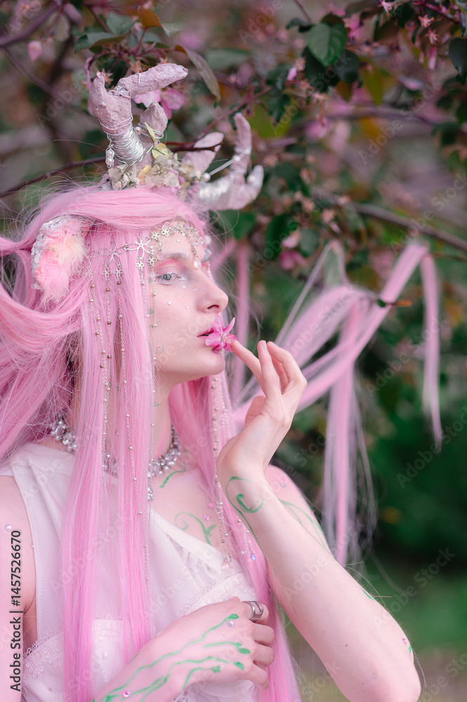 Deer dryad girl against the background of a blooming pink apple tree
