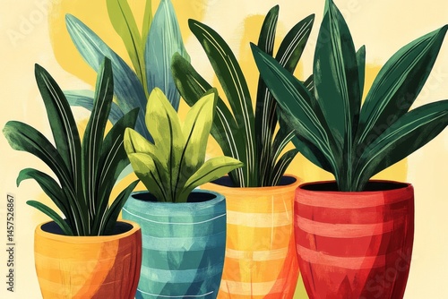 Dynamic and colorful potted plants in vibrant pots capture attention with their abstract, whimsical style, exuding a sense of fun and creativity in a lively art composition.