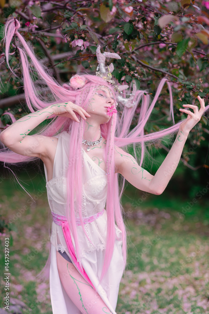 Deer dryad girl against the background of a blooming pink apple tree