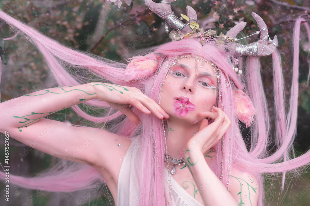 Deer dryad girl against the background of a blooming pink apple tree