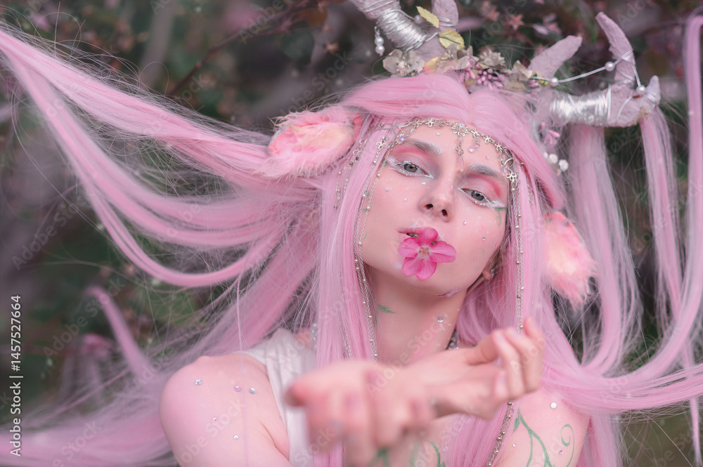 Deer dryad girl against the background of a blooming pink apple tree