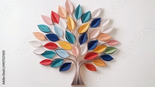 Colorful paper tree art on white background