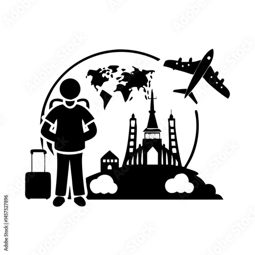 Globetrotting adventures illustrated with landmarks, a traveler, and an airplane icon