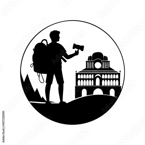 Silhouette of a backpacker taking a photo of a historic building