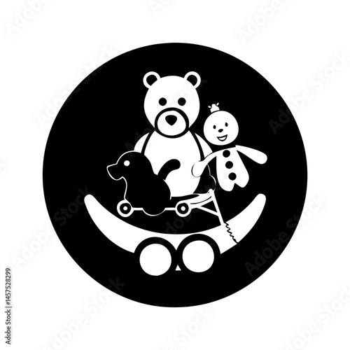 Vintage black and white toy collection image with a rocking horse vector