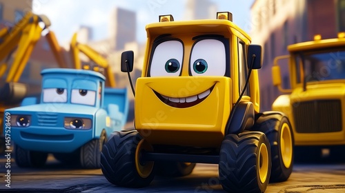 A cheerful animated yellow truck with a big smile and large expressive eyes in a colorful city setting, captivating children's imaginations and joy.