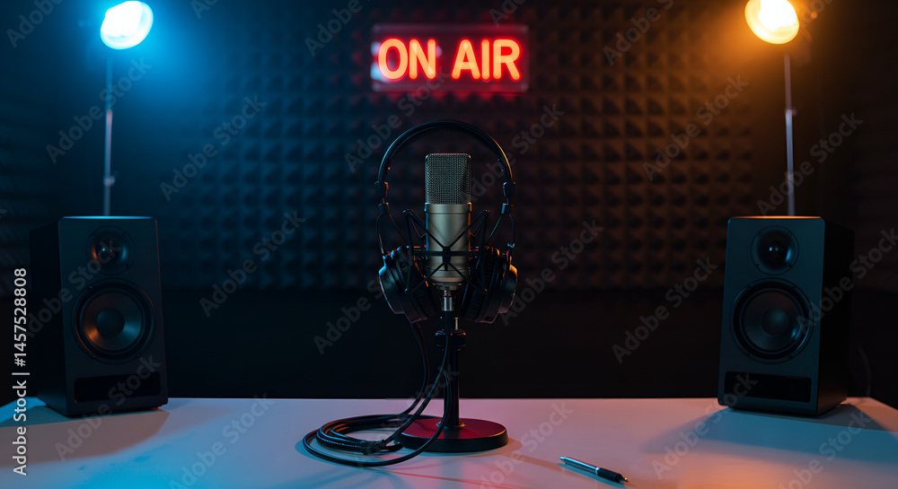 Naklejka premium Professional Podcast Recording Setup - Studio Microphone, Headphones, and ON AIR Sign