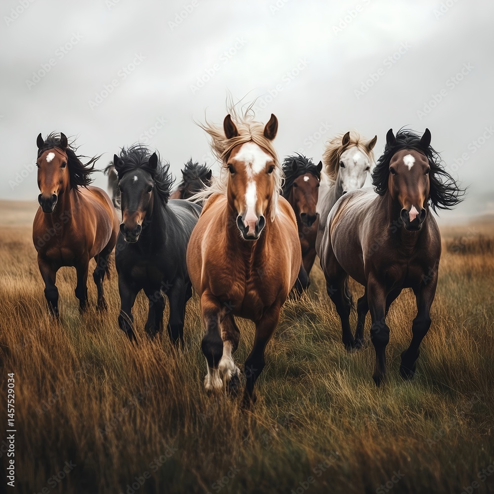 Fototapeta premium Majestic Herd of Horses Running Freely at Sunset: Stunning Minimalist Wildlife Portrait in Pastoral Grassland Landscape