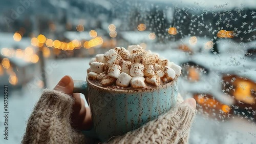 Warm winter cocoa with marshmallows, snowy village view. Hands in cozy gloves hold mug of hot chocolate topped with fluffy marshmallows. Snowy backdrop of lights and houses